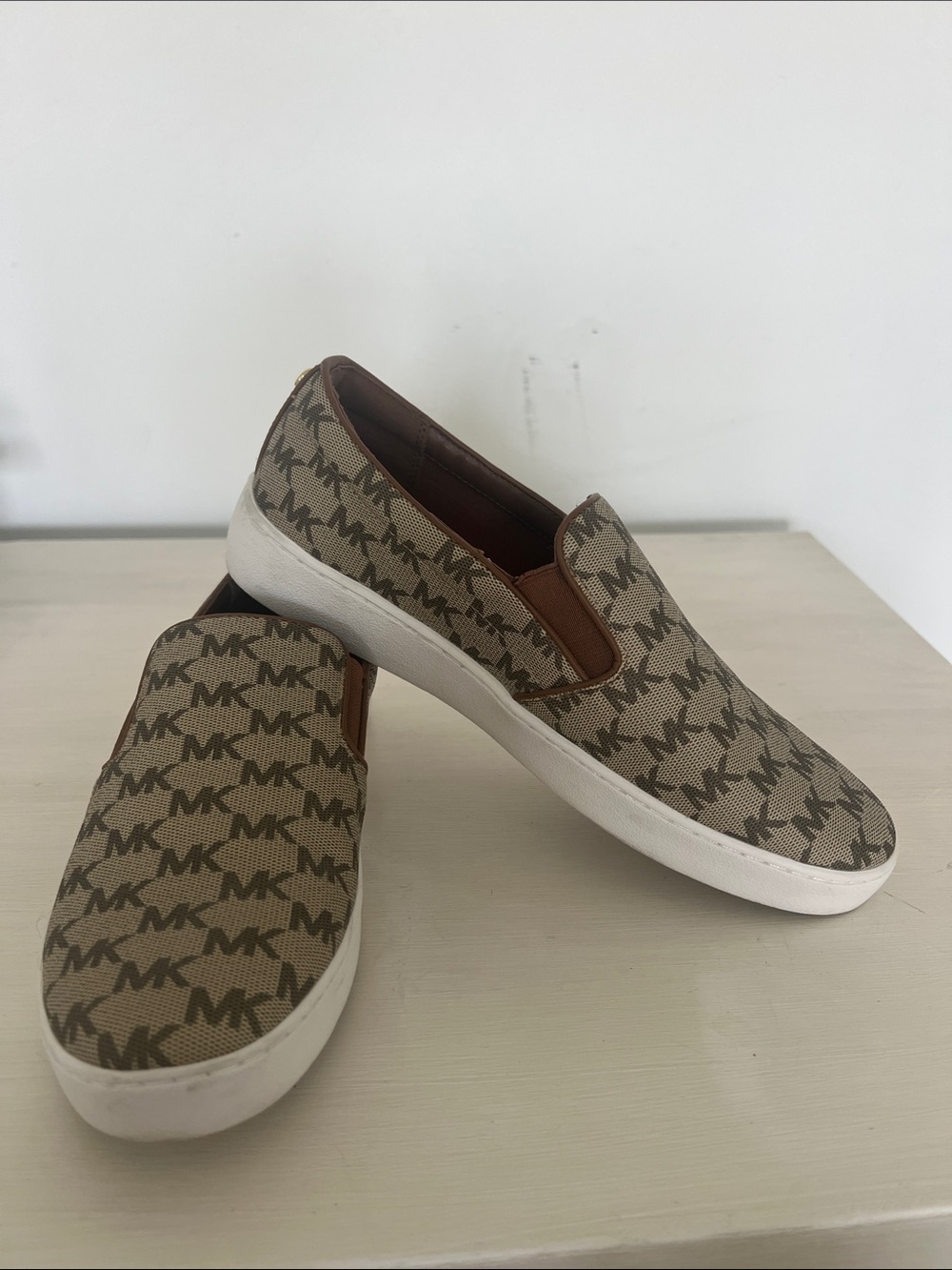 Michael Kors Tan/Beige MK Monogram Slip-On Sneakers
